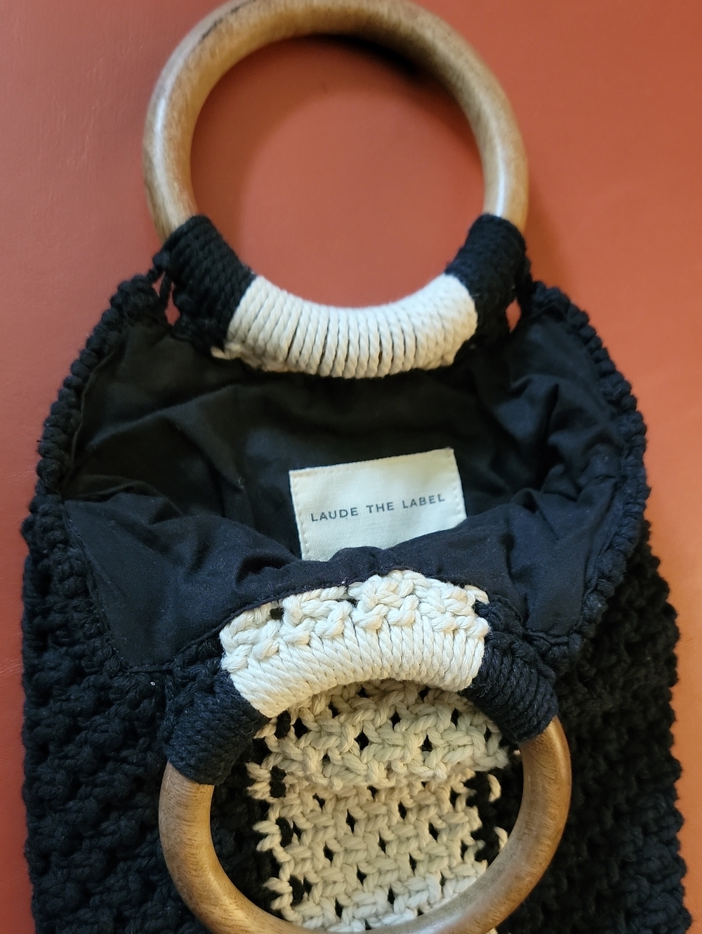 Laude The Label Gabby Mini Macramé Bag Black White Wood Handle EUC - Picture 3 of 4